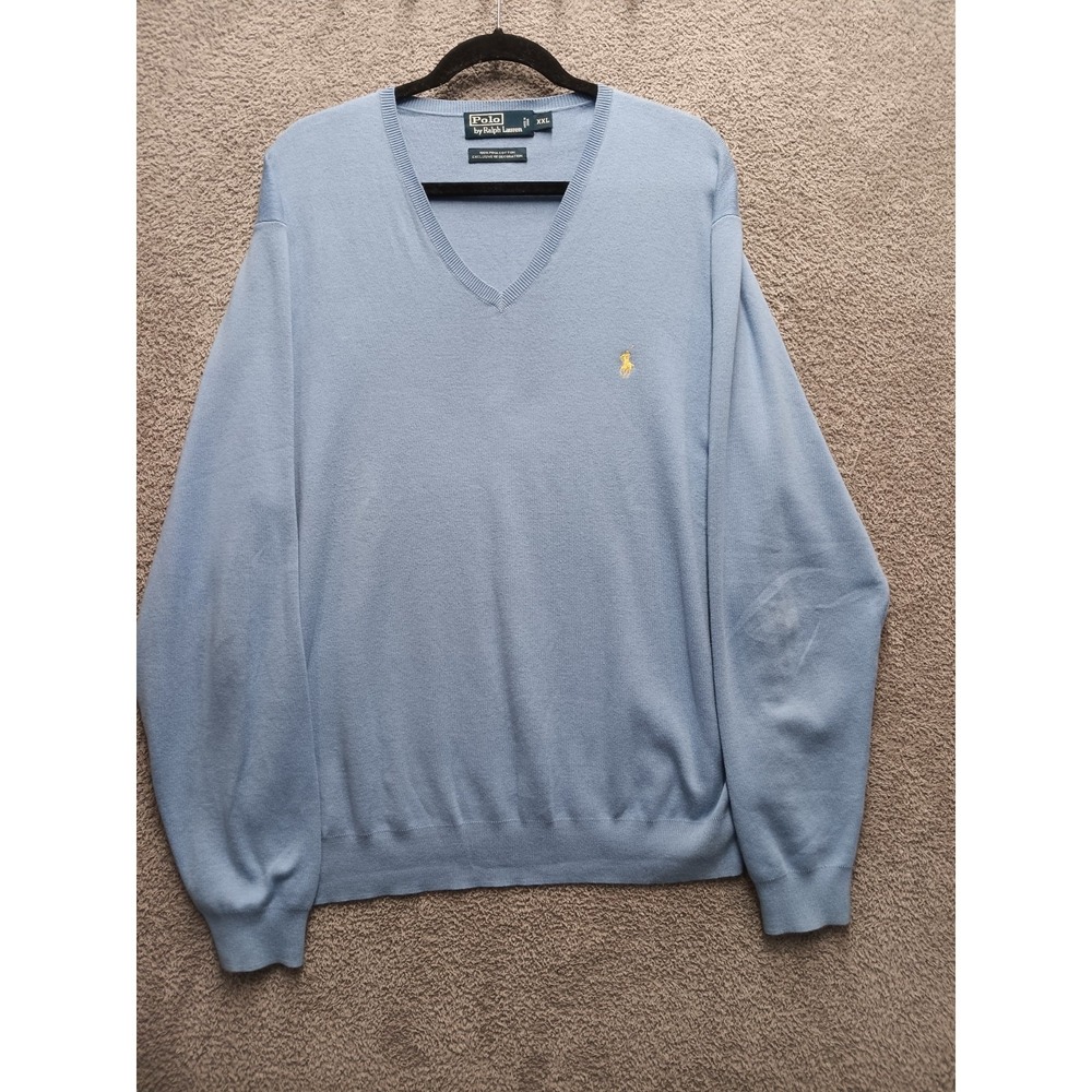 Polo Ralph Lauren V-Neck Sweater Men's XXL Light Blue Pima Cotton Yellow Pony